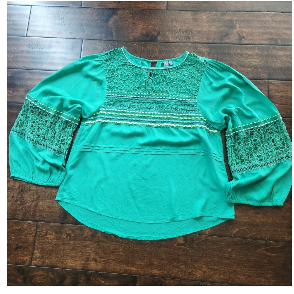 Anthropologie Blank London Green Shirt W Lace Crochet Embroidered Boho Top Small